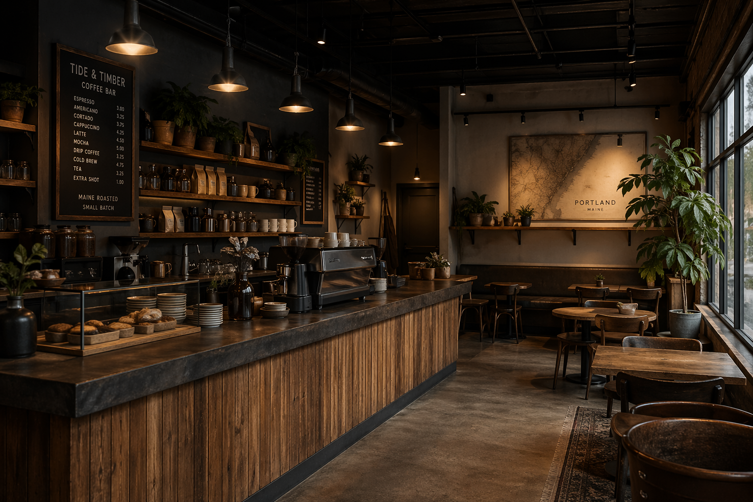 Coffee bar counter with espresso machine and pastries