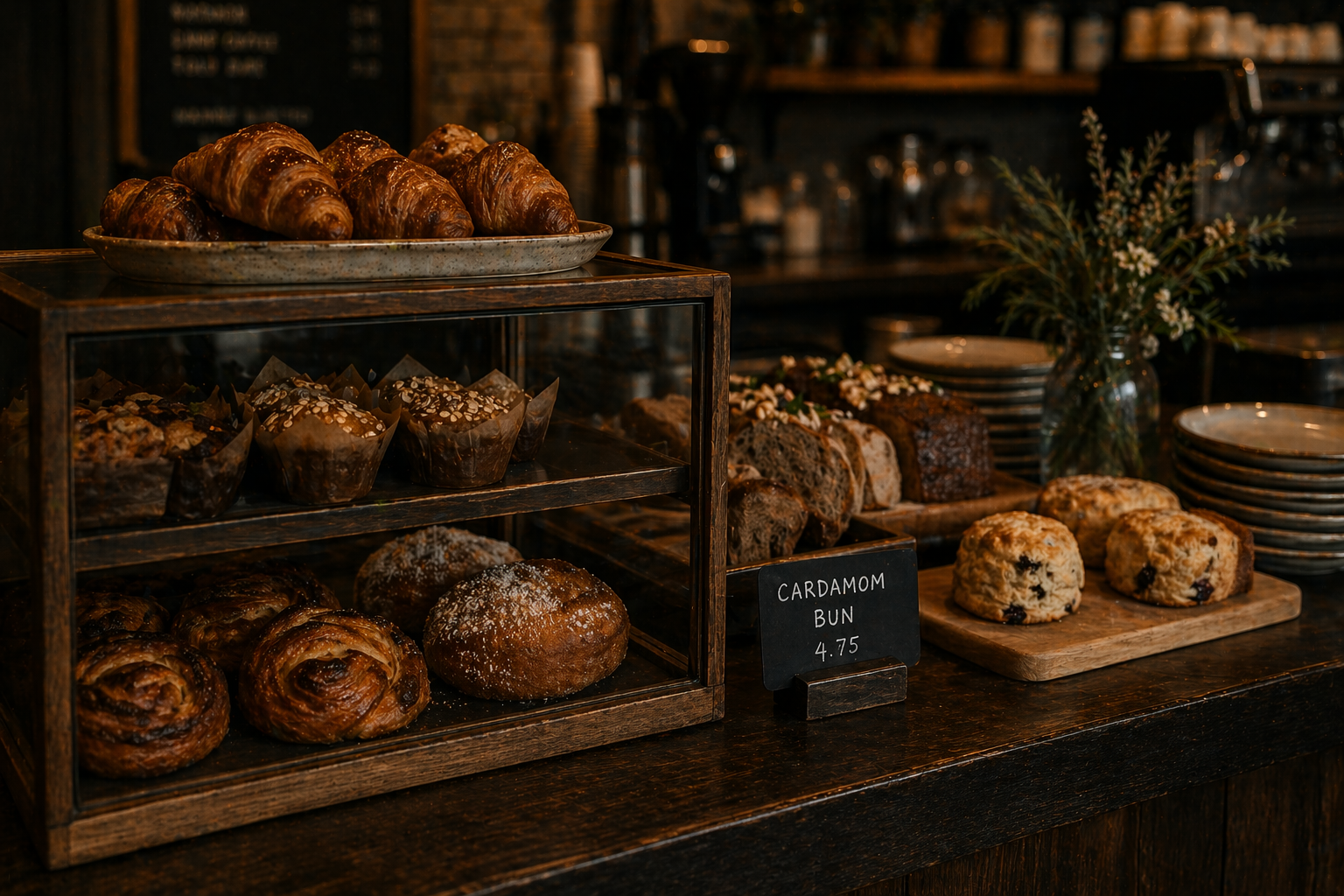 Fresh pastries displayed at the counter