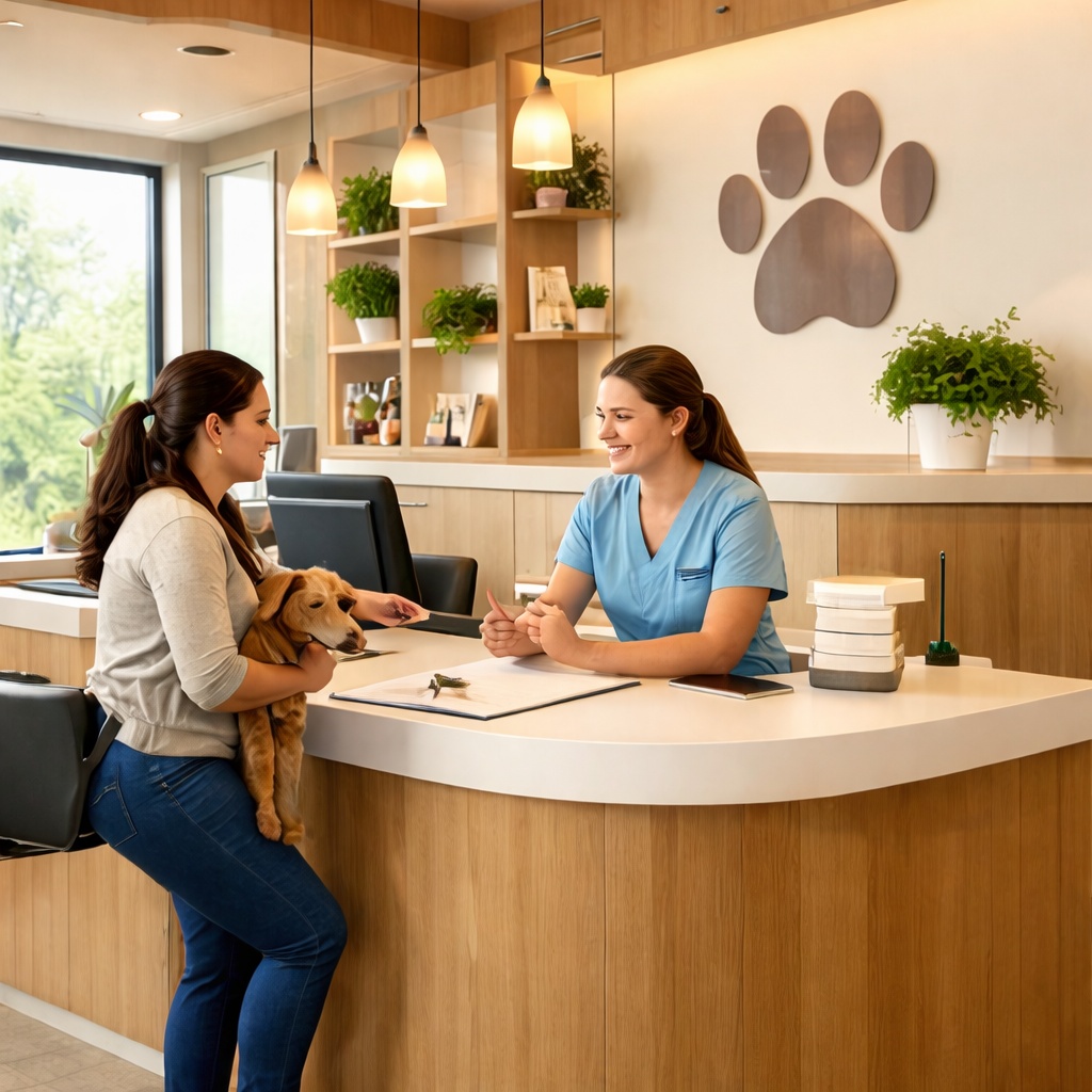 Bright illustrated lobby of Harbor Veterinary Care