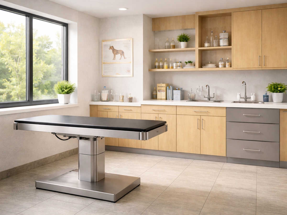 Illustrated veterinary exam room with exam table and cabinetry